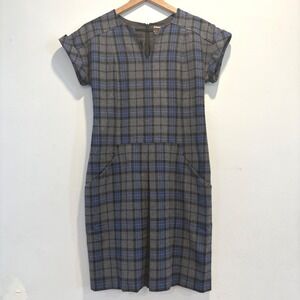 Boden Dress British Tweed By Moon Blue Grey Plaid Sheath Wool Pocket Academia 4